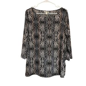 Dana Buchman Snakeskin Print Blouse Grey Black Tan 3/4 Sleeve Button Detail L